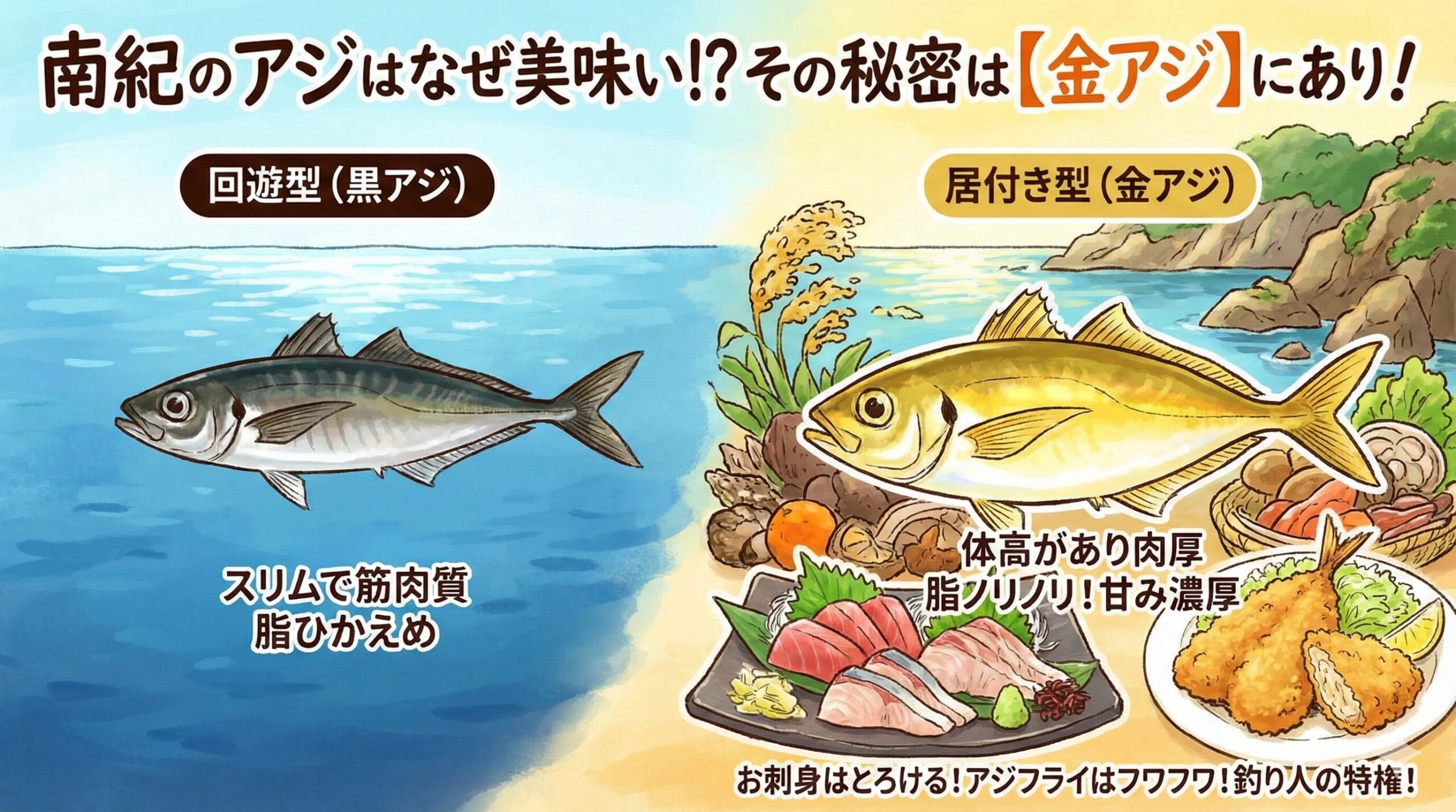 南紀のアジが絶品とされる最大の理由は、回遊せずに定着した「金アジ（黄アジ）」が多いことにあります。釣太郎