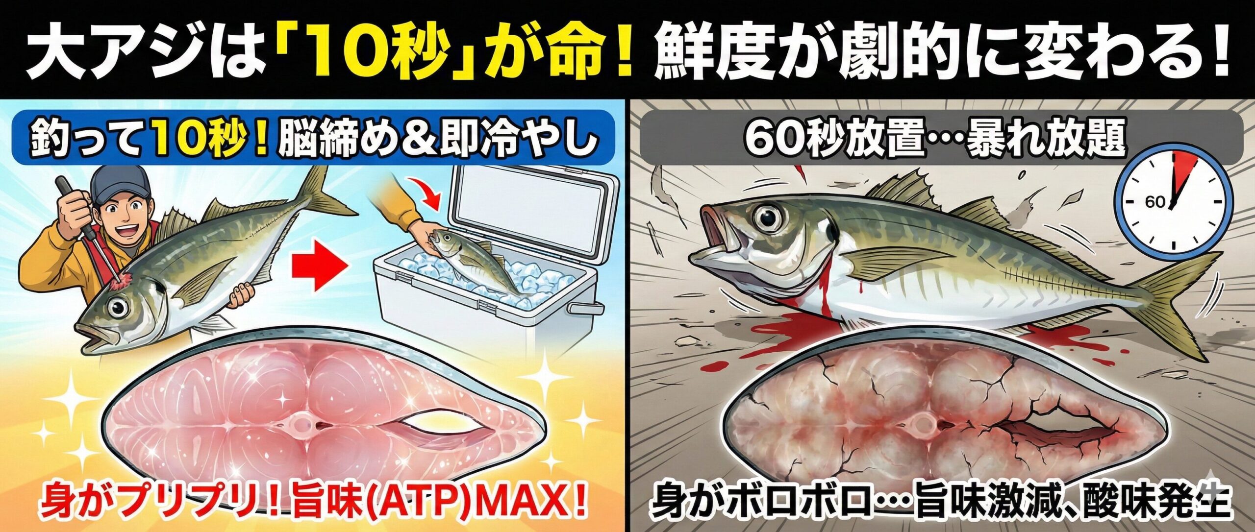 【鉄則】大アジは釣って10秒で締めろ！「60秒後」には別の魚になってしまう衝撃の理由。釣太郎