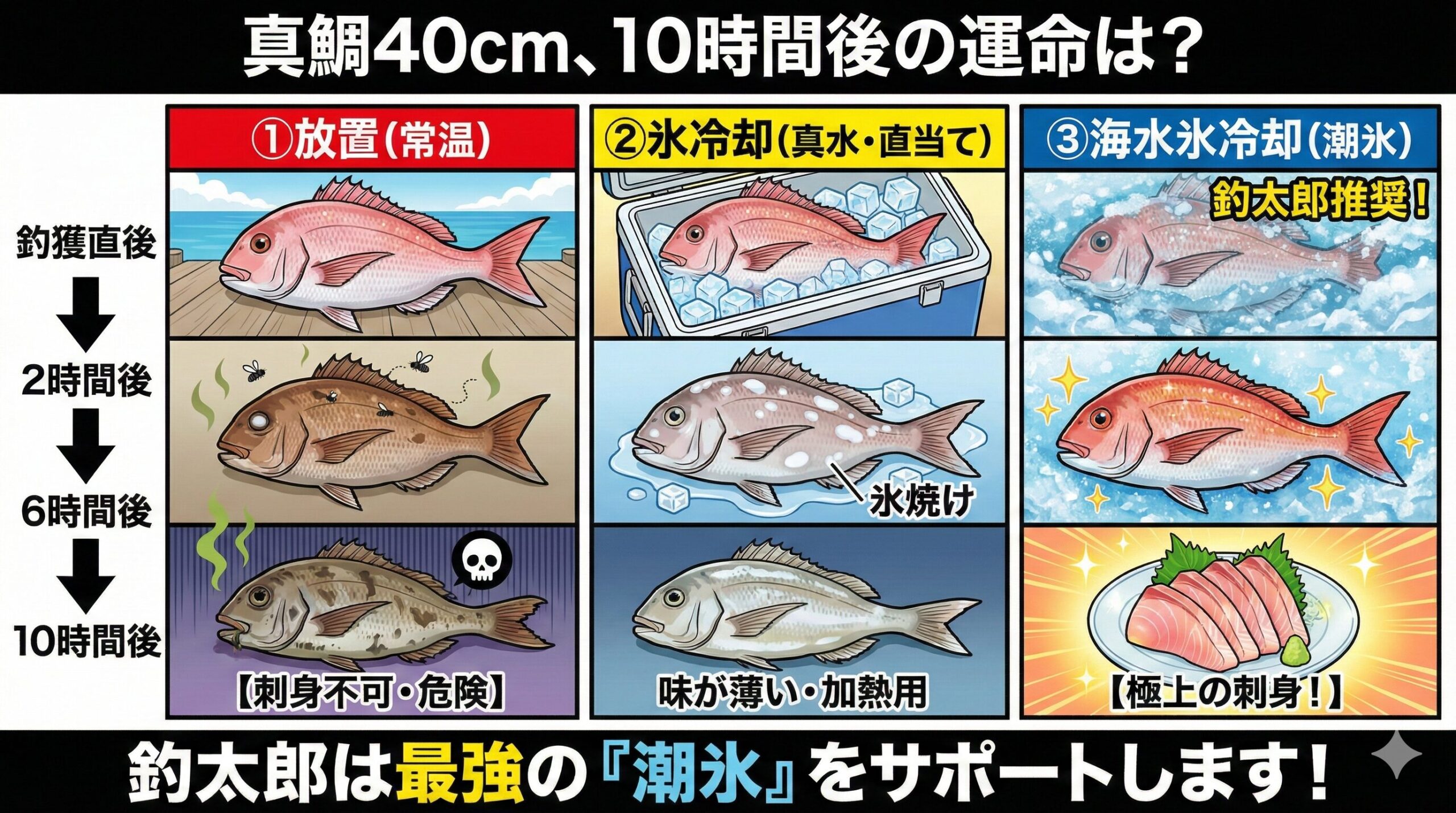 真鯛40cmの鮮度はどう変わる？「放置・氷のみ・潮氷」10時間後の劇的な違いを徹底シミュレーション。釣太郎