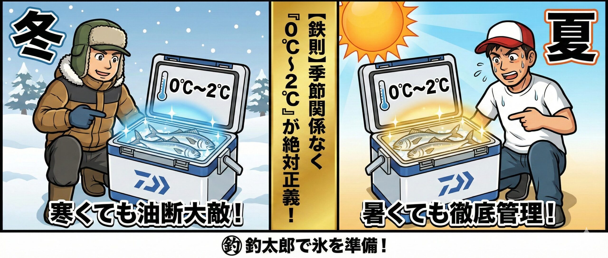 釣太郎の氷で「0℃環境」を作ろう。美味しい魚を食べるための合言葉は、「一年中、クーラボックス内温度は0℃～2℃」。釣太郎