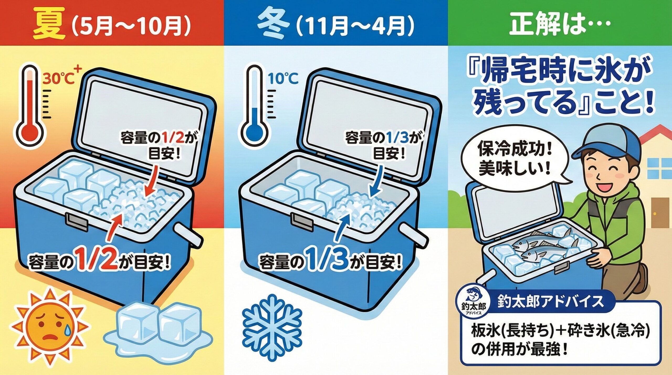 夏場はクーラー容量の半分、冬場でも3割を目安にする。クーラーボックスの氷、どれくらい必要？季節別の目安と「溶けない」ための鉄則。釣太郎