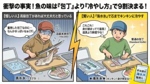 釣れたらすぐに締める 。真水に触れさせない 。海水氷で一気に芯まで冷やす。釣太郎