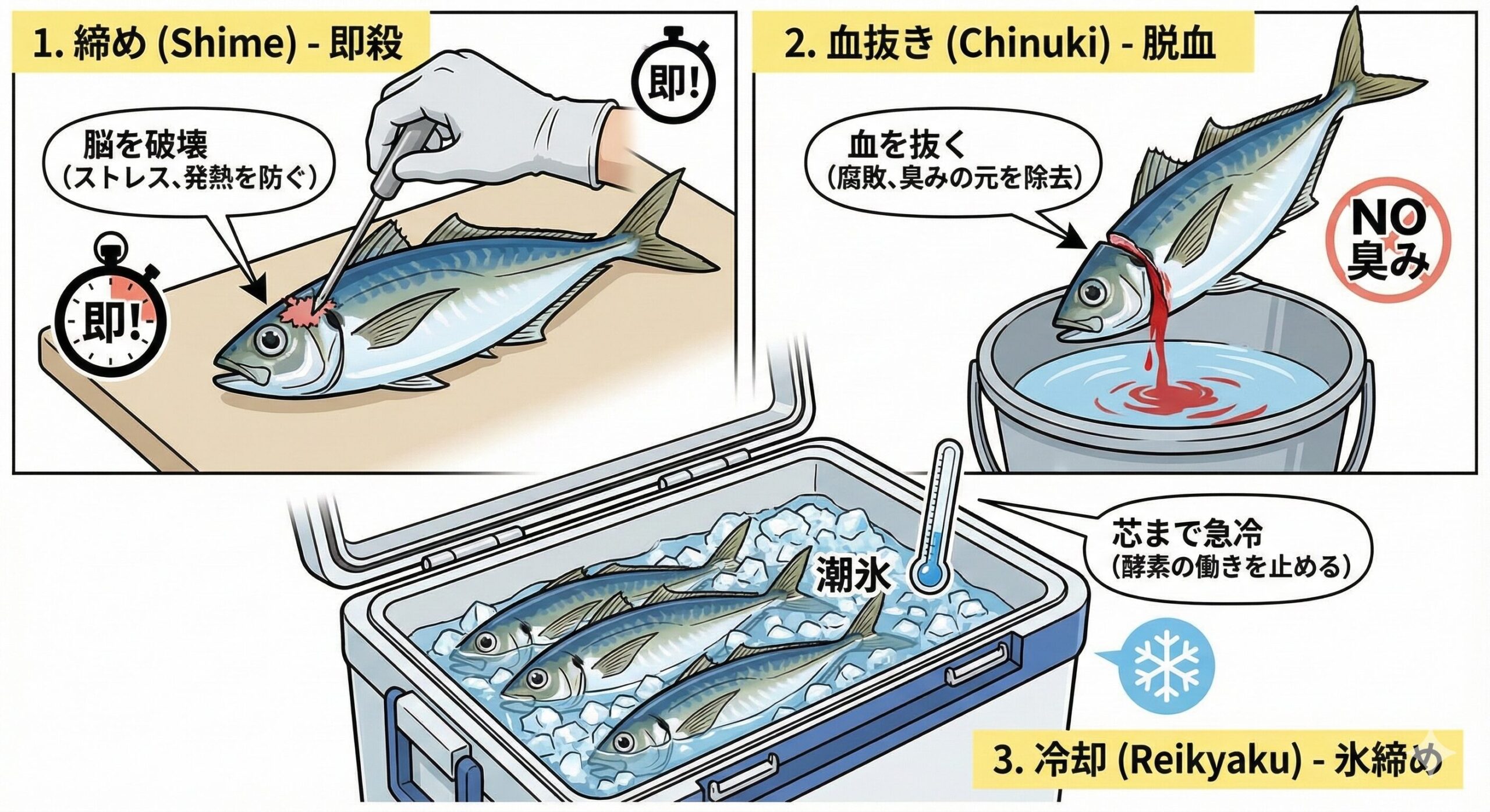 「サバの生き腐れ」と並び、「アジは足が早い（鮮度劣化が早い）」釣太郎