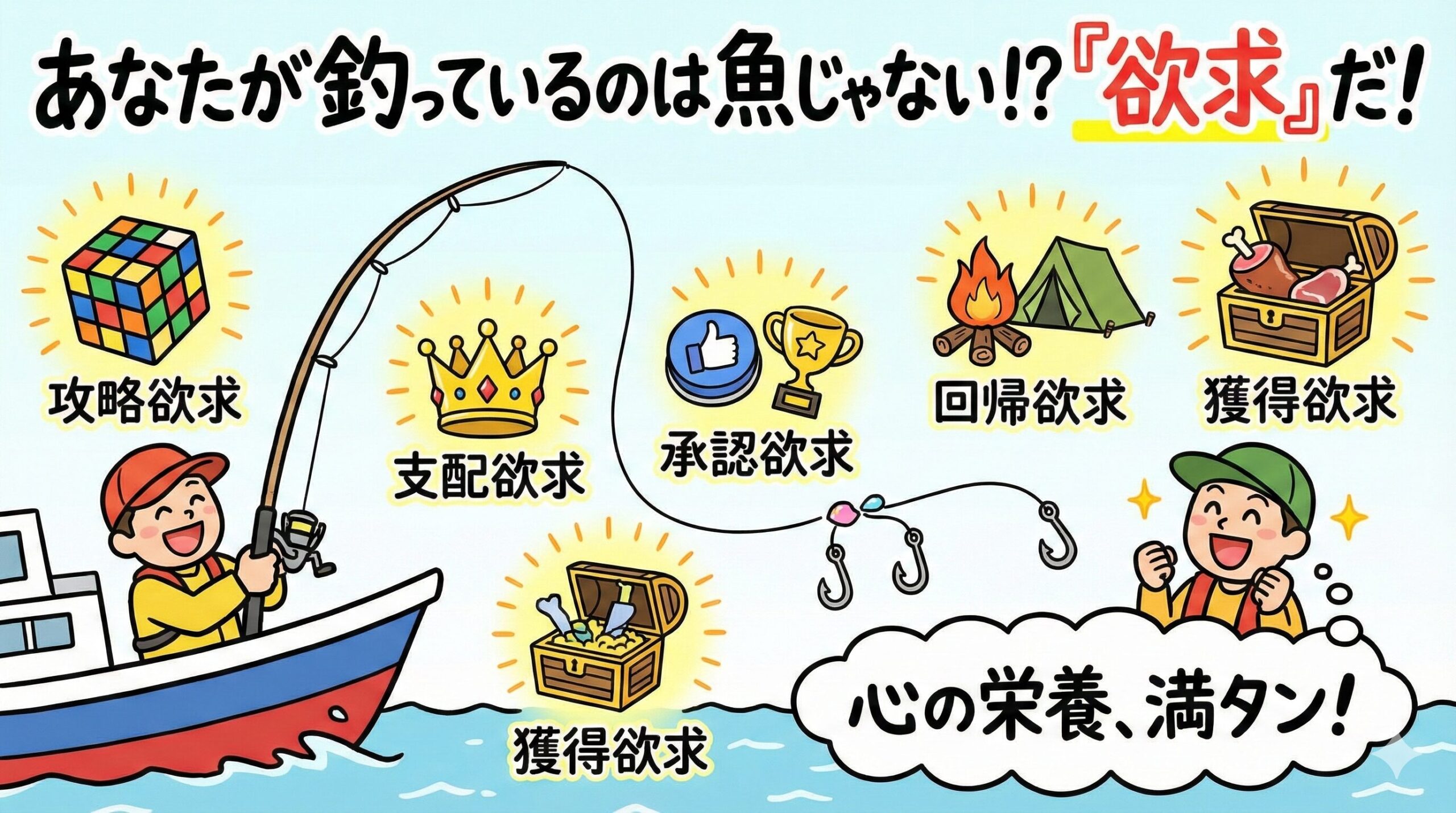 頭を使いたいなら： 攻略欲求。ストレスを発散したいなら： 支配欲求。褒められたいなら： 承認欲求。癒やされたいなら： 回帰欲求。生きた証が欲しいなら： 獲得欲求。釣太郎
