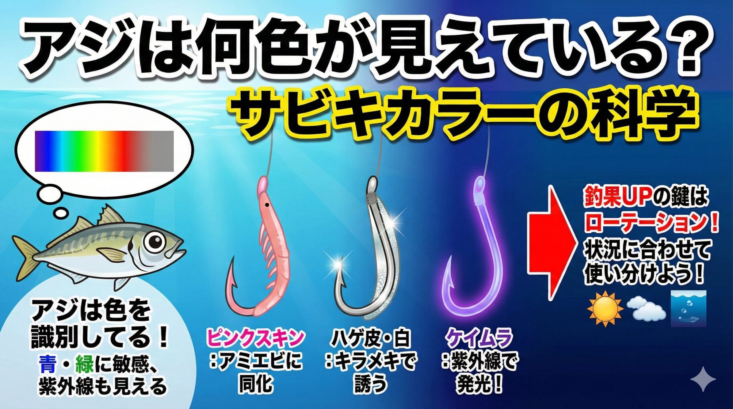 アジは色を見ています。 しかし、その日の潮の色、天気、水深、食べているベイトによって「見えやすい色」「反応しやすい色」は刻一刻と変化します。釣太郎