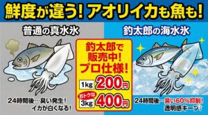 海水氷れ冷却すれば魚、アオリイカの24時間後60%以上臭い抑制。釣太郎