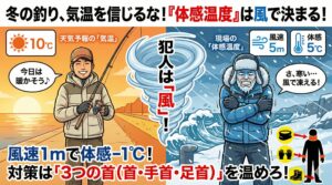 効率よく体感温度を上げるなら、「首」「手首」「足首」の3つの首を死守してください。冬季釣行の基本。釣太郎