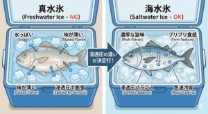 「魚は冷やし方で味が決まる」 これは決して大袈裟な話ではありません。海水氷で冷やしましょう。釣太郎
