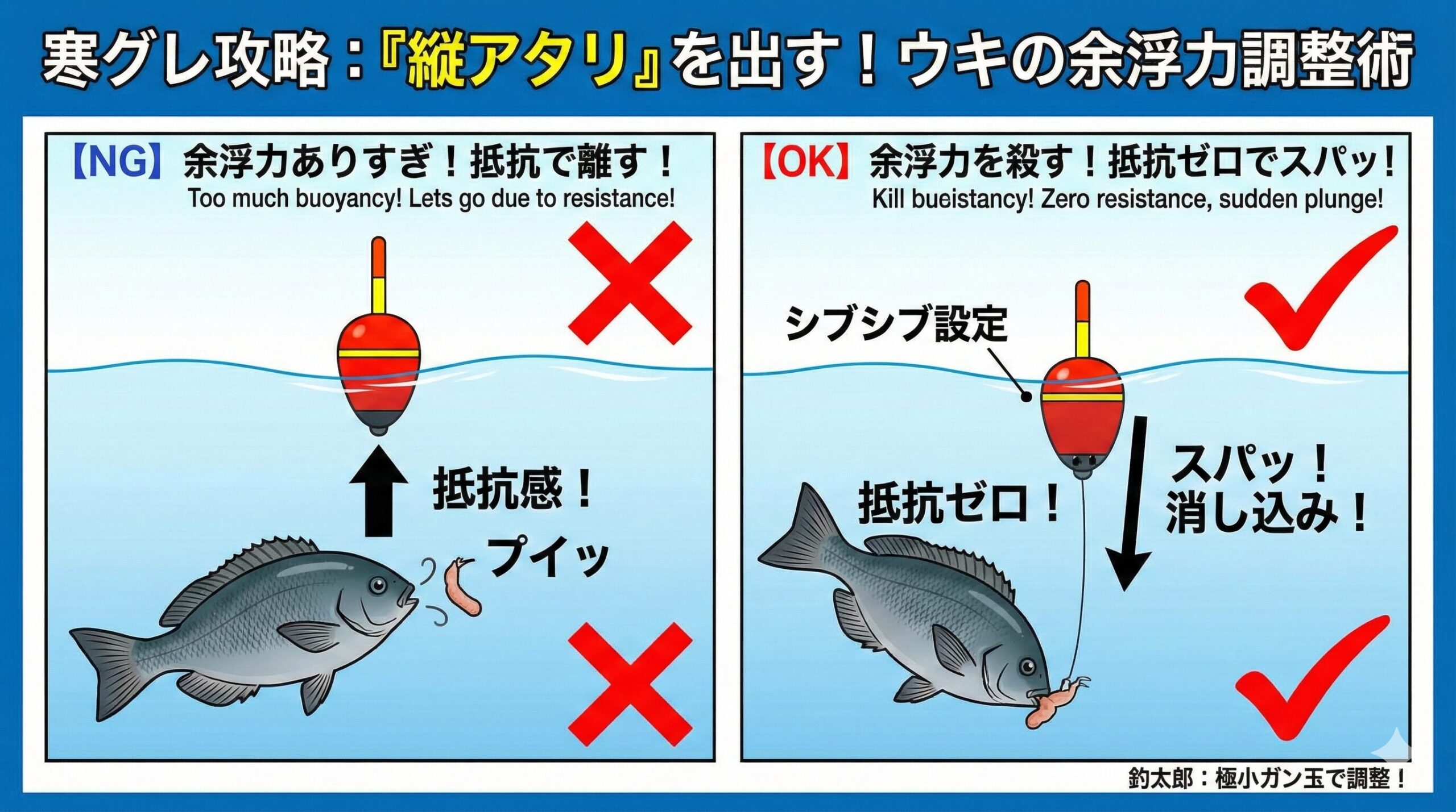 寒グレ釣り、「抵抗を消し、感度を研ぎ澄ます」 これが縦アタリを出すための最終調整。釣太郎