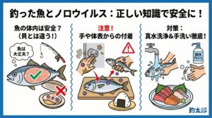 ノロウィルス＝二枚貝だが、魚の表面と自分の手には要注意。釣太郎