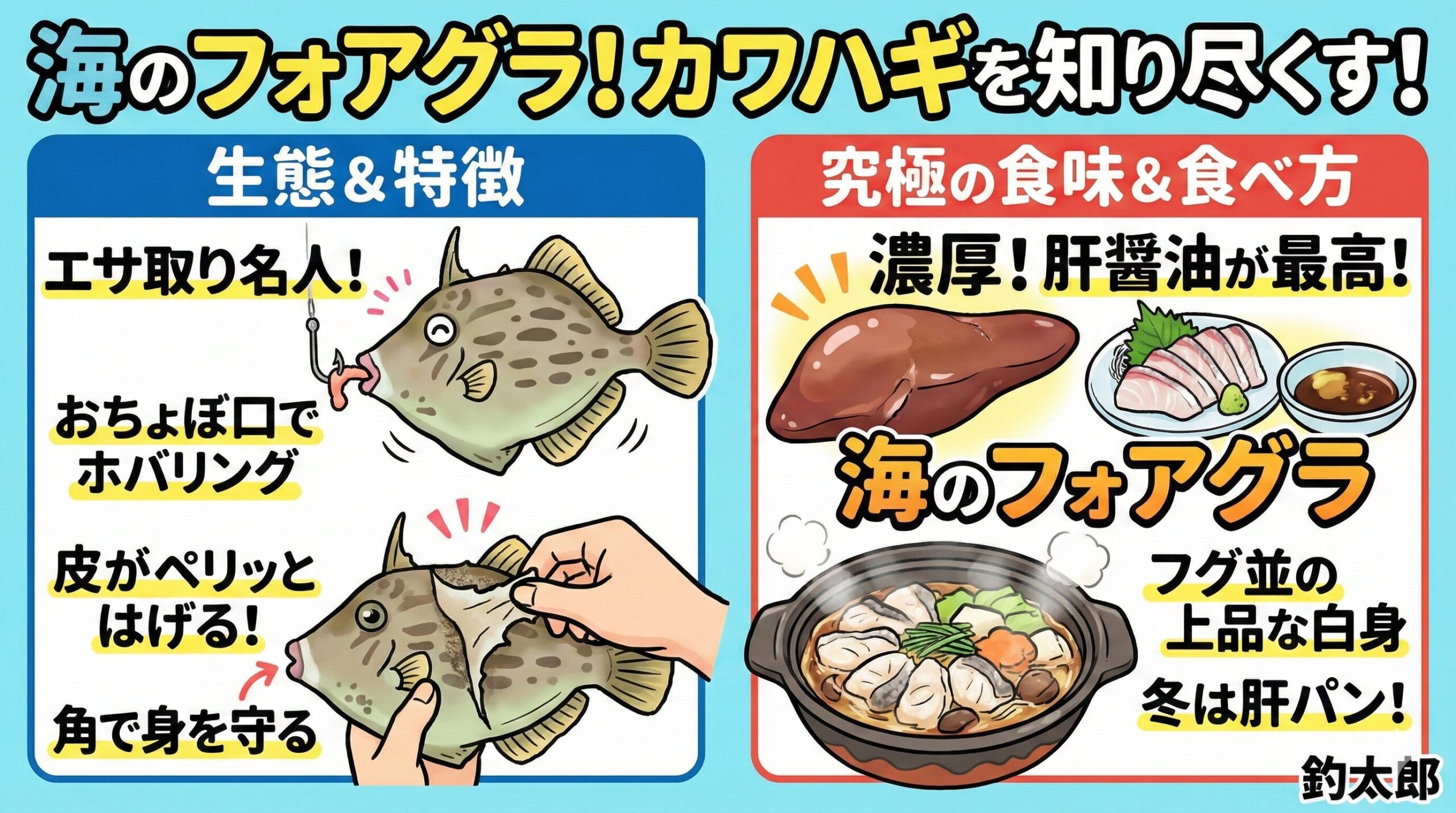 カワハギは、釣って楽しく、食べて感動する最高のターゲット。エサ取り名人との知恵比べを楽しむ。夏は肉厚な身、冬は濃厚な肝を味わう。肝醤油という究極の贅沢を体験する。釣太郎