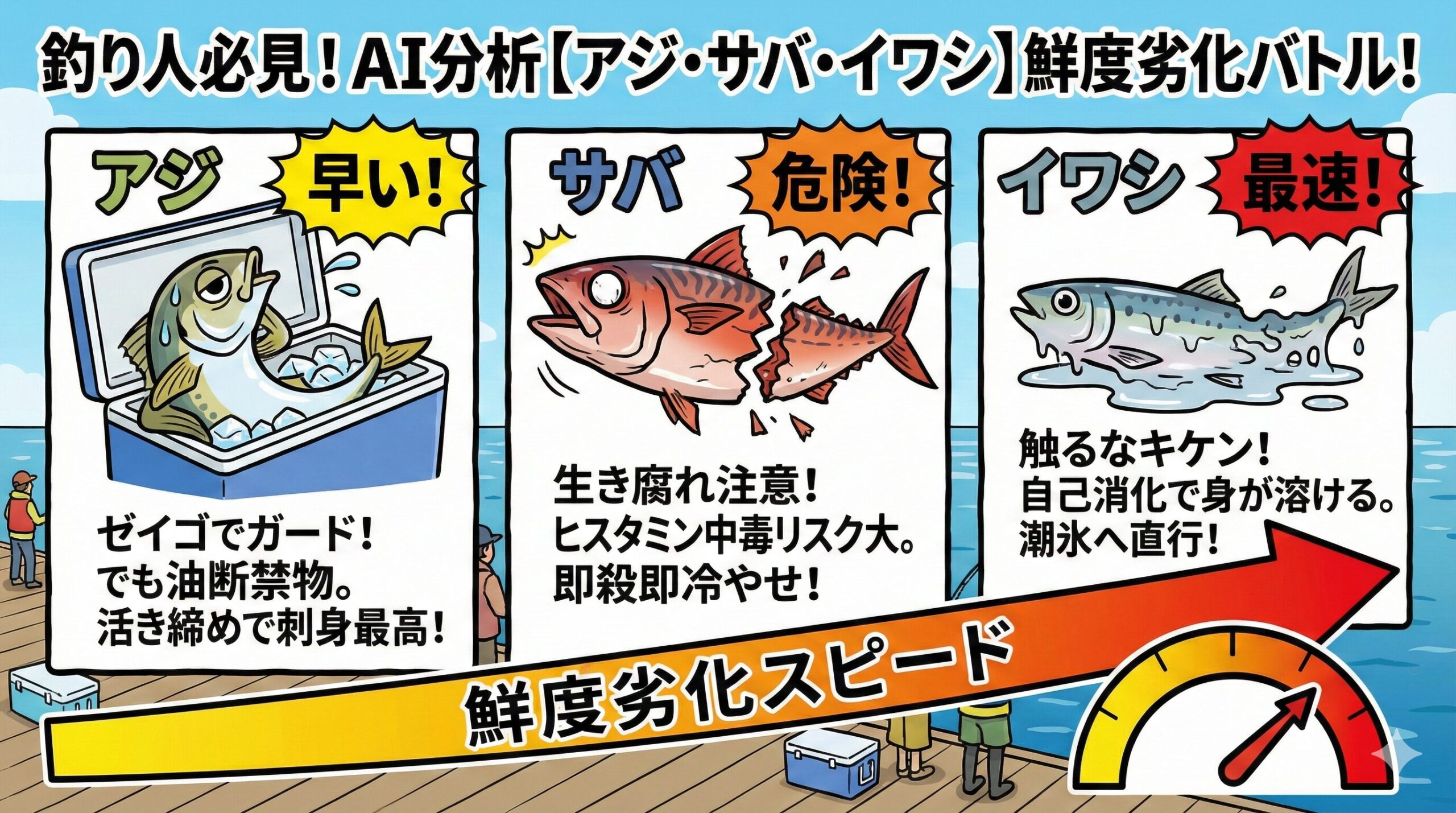 鮮度劣化スピードランキング.1位（最速）：イワシ（鰯） 2位（危険）：サバ（鯖） 3位（早い）：アジ（鯵）アジはイワシやサバに比べれば「持ちが良い」魚ですが、あくまで青物魚。釣太郎