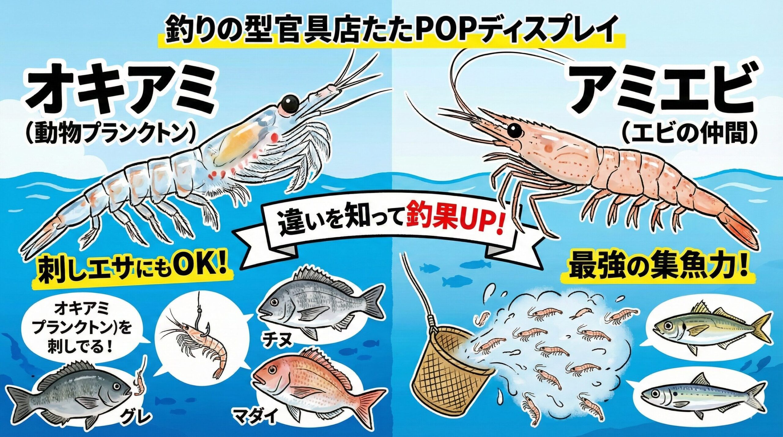 アミエビで匂いの煙幕を作り、魚を寄せる。 その中に漂う大きなオキアミ（サシエ）を食わせる。釣太郎