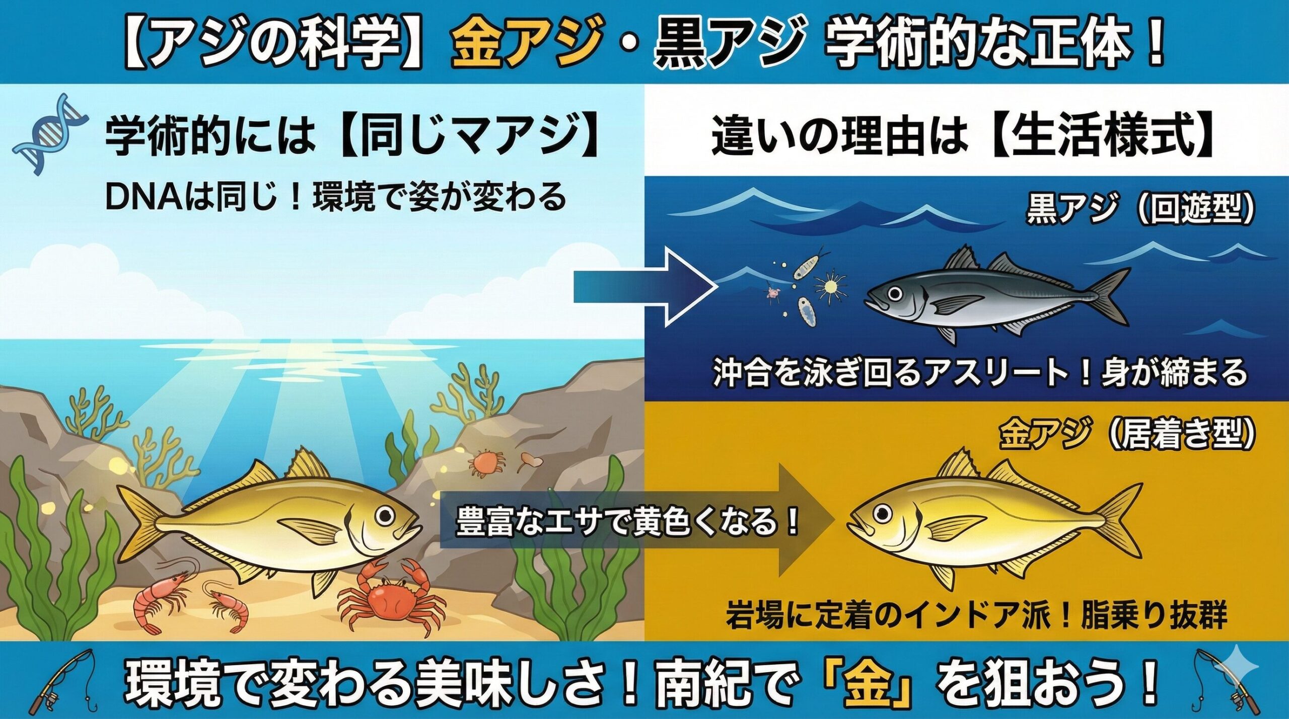 アジ、居着きと回遊。金アジは「環境」が作る芸術品。学術的に証明されているのは、「金と黒は同種であり、環境によって変化する（表現型可塑性）」。釣太郎