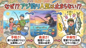 アジ釣り人口が減らない理由は、入り口は広く（手軽さ）、中は迷宮のように深く（奥深さ）、そして一度知ったら忘れられない快楽（中毒性）があるから。釣太郎