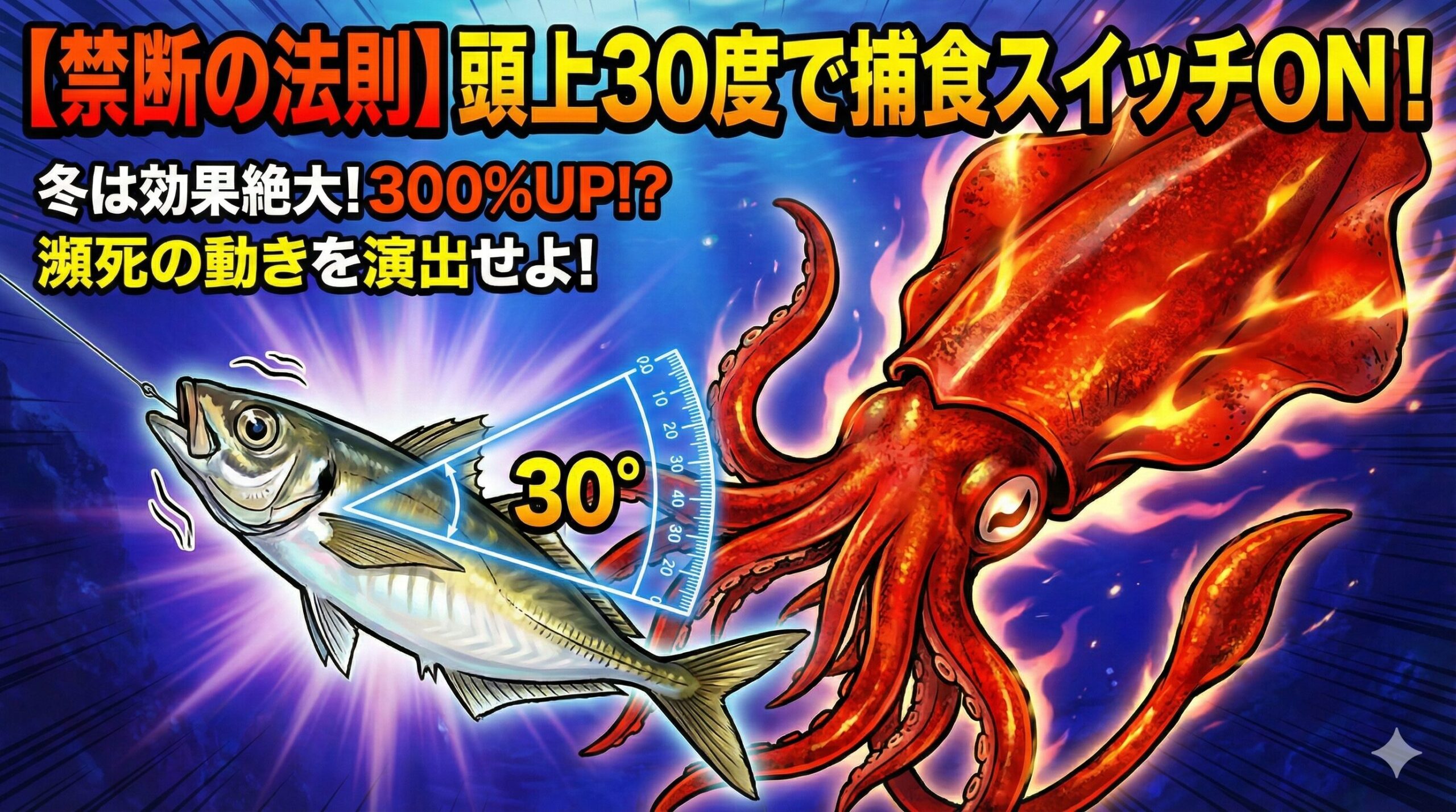 冬のアオリイカ釣り、エ時30度頭上げて泳ぐとき。シミュレーション結果、優位性300% UP.釣太郎