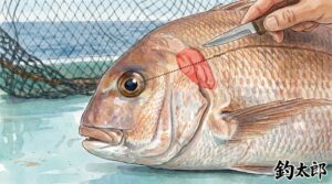 魚の活締め、急所に入ると、魚は劇的な反応を見せます。 「口を大きく開ける」「背ビレがピンと立つ」「魚体の色が白っぽく変わる」。釣太郎