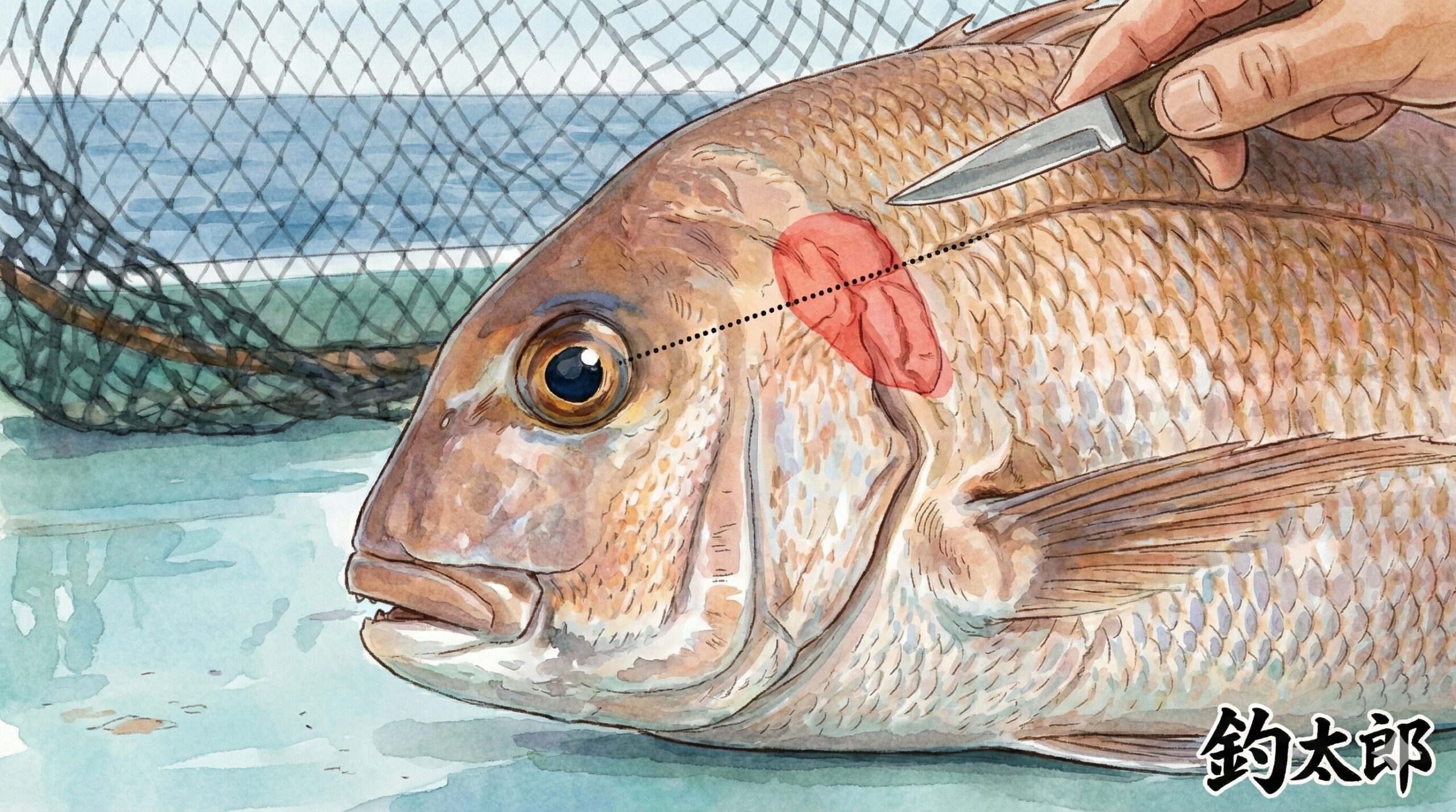 魚の活締め、急所に入ると、魚は劇的な反応を見せます。 「口を大きく開ける」「背ビレがピンと立つ」「魚体の色が白っぽく変わる」。釣太郎