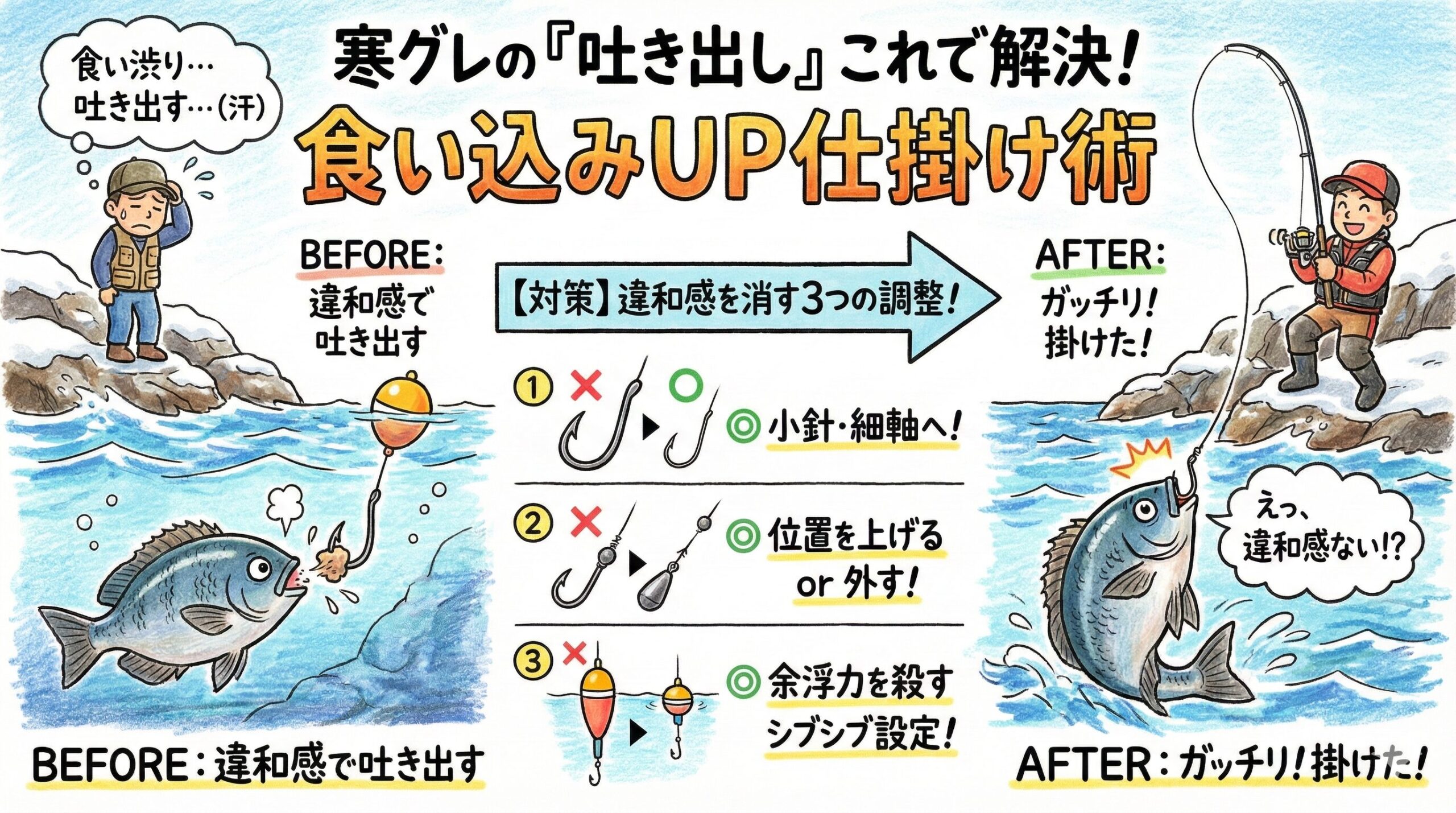 寒グレ攻略は「引き算」の釣りです。 針を軽くし、重りを減らし、浮力を削る。釣太郎