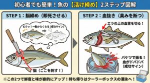 魚はたったこれだけで味は劇変する。脳を刺して動かなくする（脳締め）。エラを切って水につける（血抜き）釣太郎