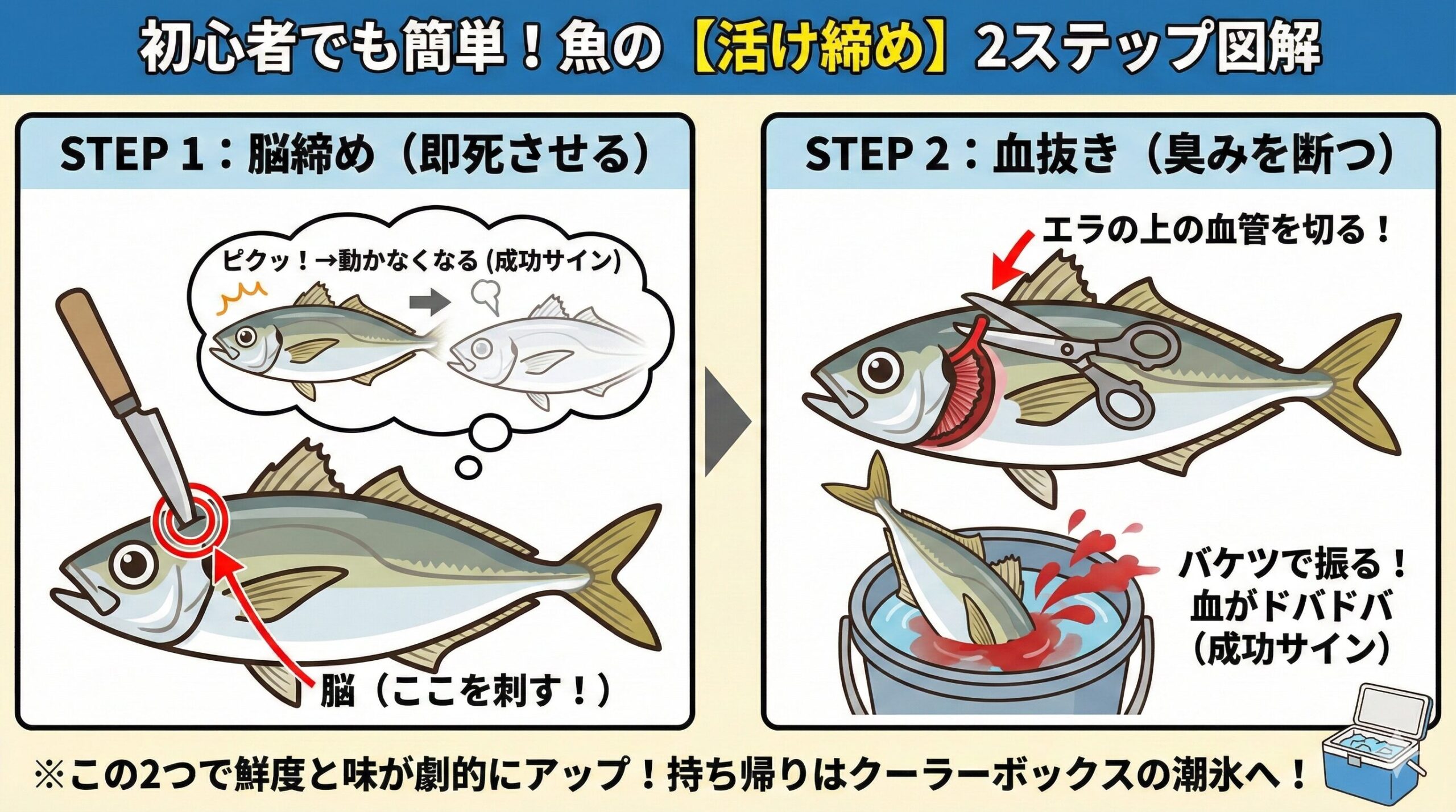 魚はたったこれだけで味は劇変する。脳を刺して動かなくする（脳締め）。エラを切って水につける（血抜き）釣太郎