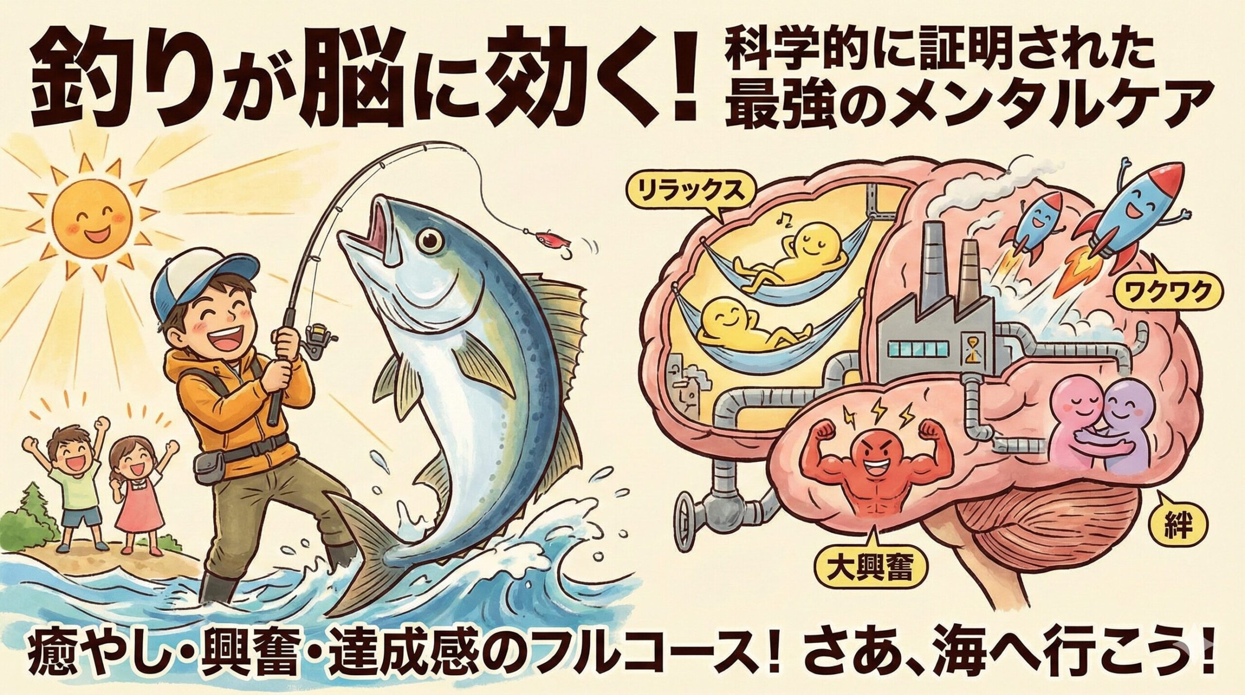 釣りという行為は、脳にとってのフルコース。セロトニンで癒やされ、 ドーパミンでワクワクし、アドレナリンで興奮し、オキシトシンで絆を深める。釣太郎