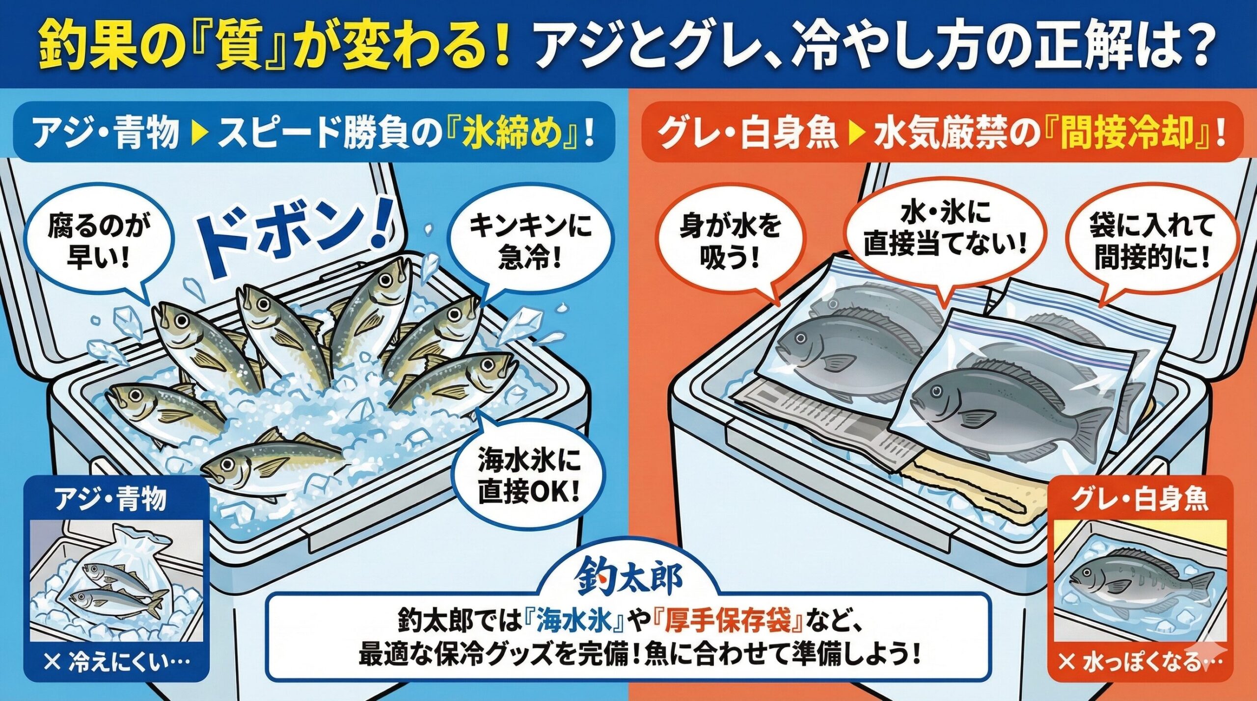 「グレ」と「アジ」で冷やし方が全く違う理由とは？鮮度と旨味を守る正しい使い分け。釣太郎