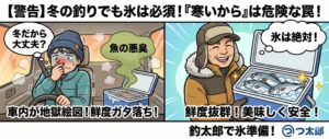 寒いから大丈夫・氷はいらない。この考えを捨てるだけで、冬の釣果の価値は大きく変わります。冬こそ、クーラーボックス管理で 釣りの満足度が決まります。釣太郎
