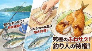 南紀で釣ったアジで作るアジフライは、高級料亭にも負けない贅沢な一品です。釣太郎