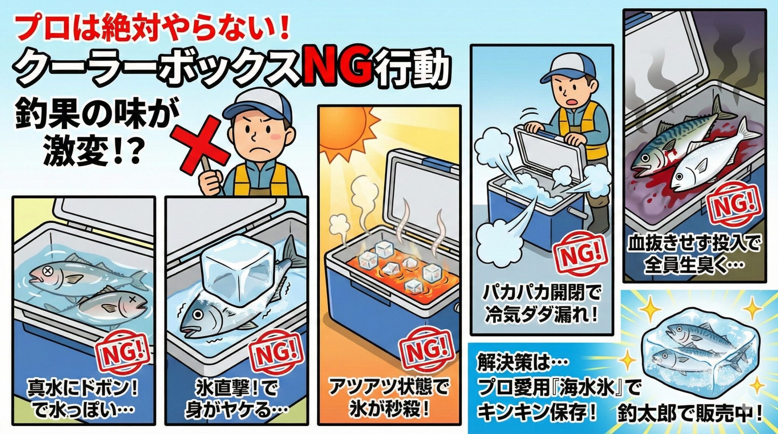 クーラーの使い方が「味」を決める。魚を真水（溶けた水）に水没させない。氷を魚に直接当てない（氷焼け防止）。出発前にクーラーを予冷しておく。 フタの開閉は最小限にする。釣太郎