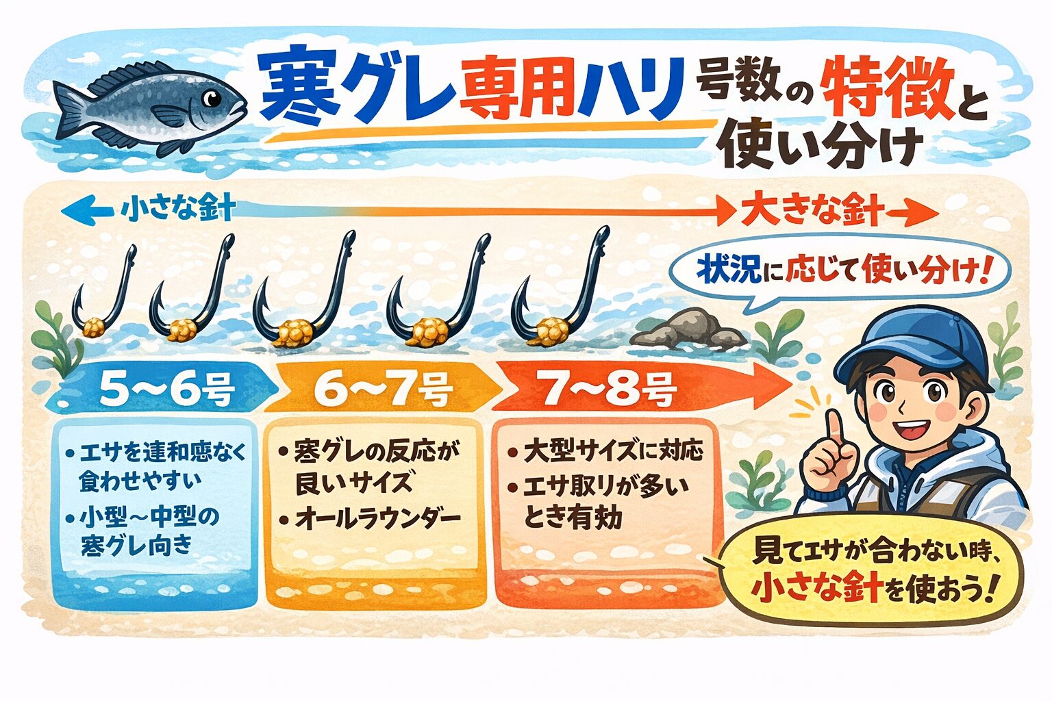 寒グレ専用ハリと号数の考え方は、釣果に直結する重要ポイントです。フカセ釣り入門。釣太郎