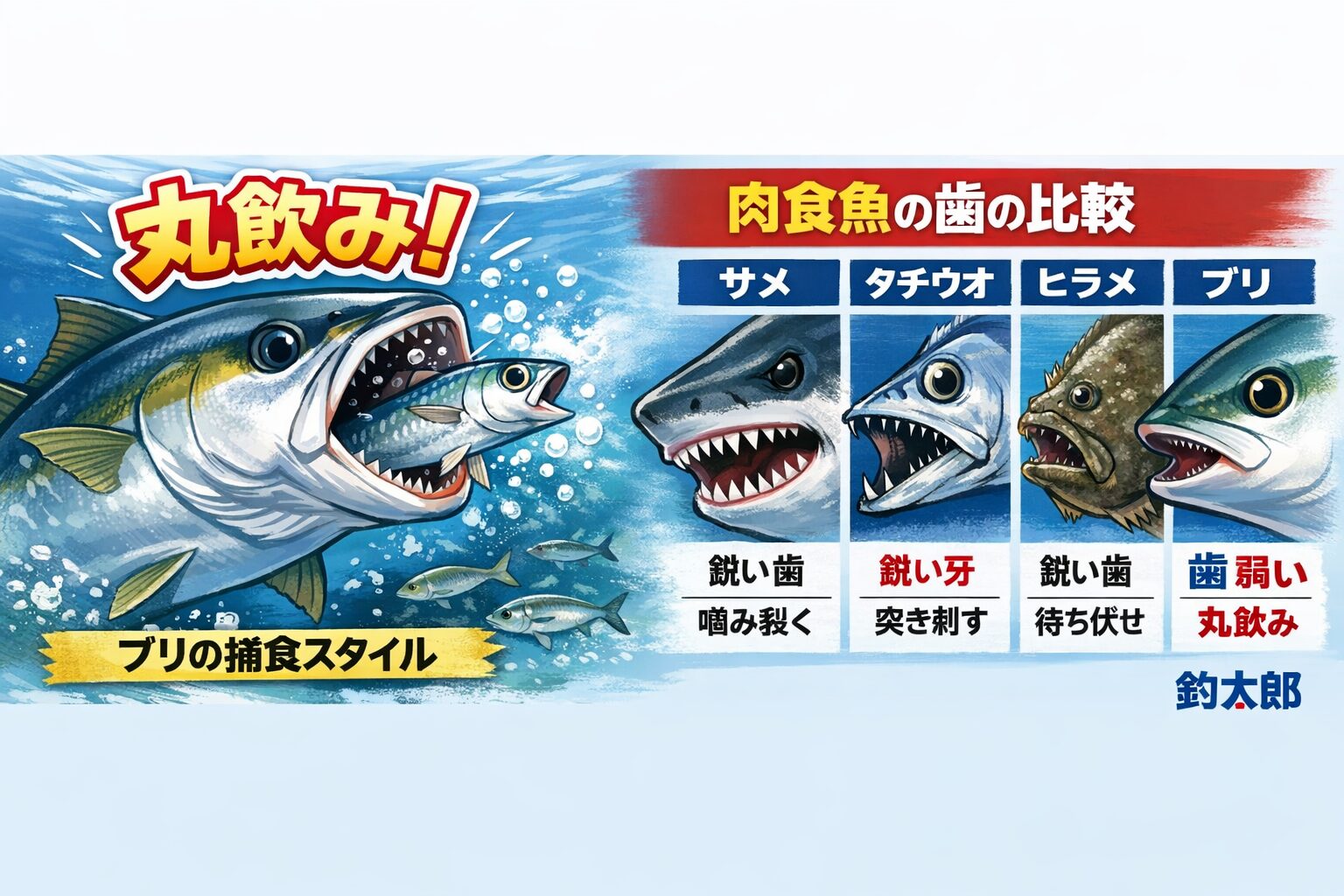 ブリは歯がないのではなく、「歯が不要な完成形」になった魚。スピードと吸い込みで獲物を仕留める。だから噛まない。だから歯がいらない。釣太郎