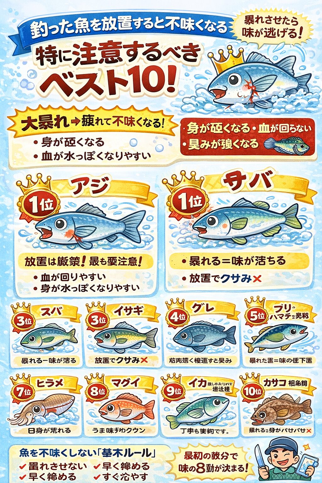 釣ったその後が勝負。バタバタ暴れさせない ・放置しない・正しく締めて冷やす。これだけで、同じ魚でも味は別物になります。釣太郎