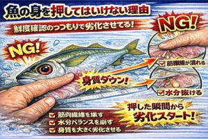 魚の身を押すと筋繊維が壊れる・水分が抜け、水っぽくなる・押す行為そのものが劣化を進める・特に青物は押してはいけない。釣太郎