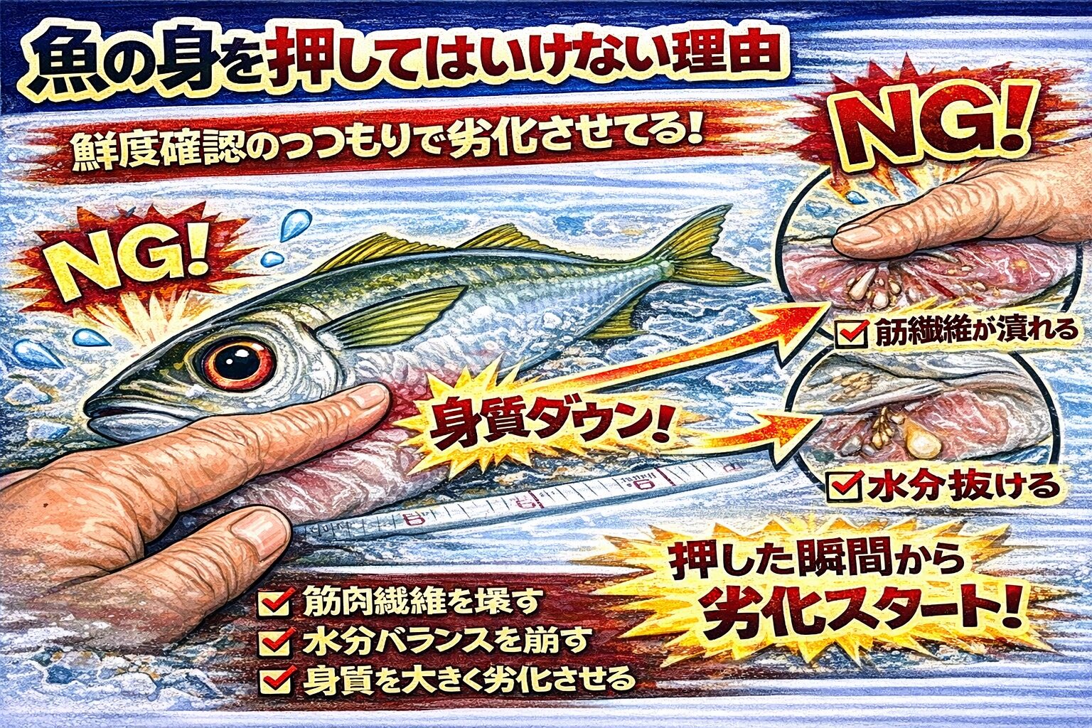魚の身を押すと筋繊維が壊れる・水分が抜け、水っぽくなる・押す行為そのものが劣化を進める・特に青物は押してはいけない。釣太郎