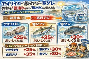 普通氷 → 海水氷で確実に味は向上・アオリイカは約25％アップ ・寒尺アジは約35％アップ・寒グレは約30％アップ・脂が多い魚ほど効果が大きい。釣太郎