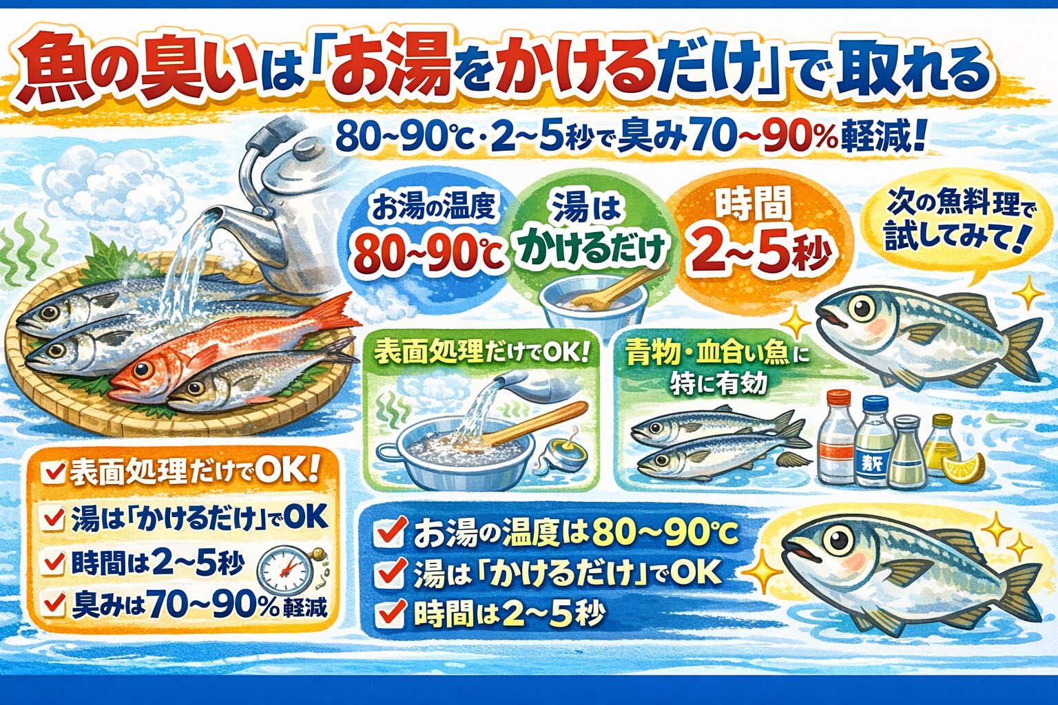 魚の臭いは、お湯の温度は80〜90℃・湯は「かけるだけ」でOK ・時間は2〜5秒・臭みは70〜90％軽減。釣太郎
