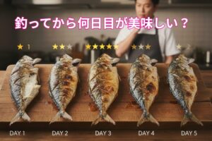 アジ塩焼き、釣ってから「ふっくらした身と旨味」を味わいたいなら： 3日目がベスト。 「弾力のある食感」を優先したいなら： 1日目。釣太郎
