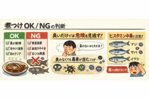 臭い魚を煮つけにすれば食あたりリスクは下がる。しかし完全に安全とは言えない。特に赤身魚のヒスタミン中毒は煮ても防げない。釣太郎