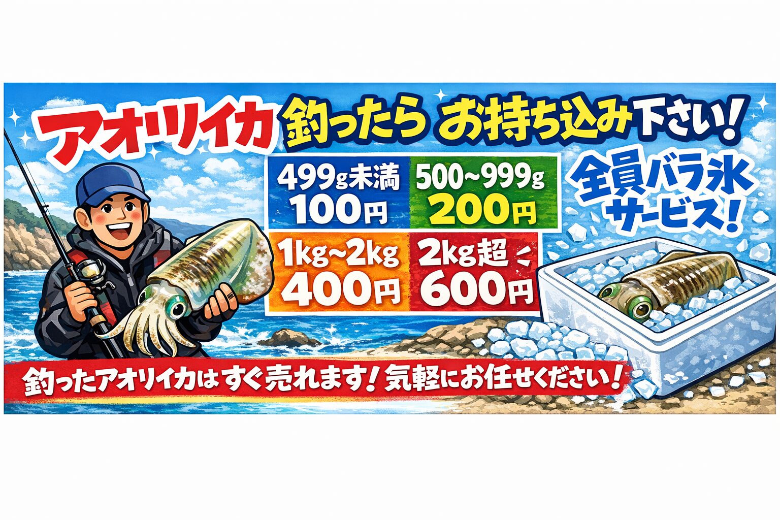 南紀でアオリイカを釣ったら、ぜひ釣太郎へお持ち込み下さい。サイズに関係なく歓迎。初めての方も大歓迎。釣太郎