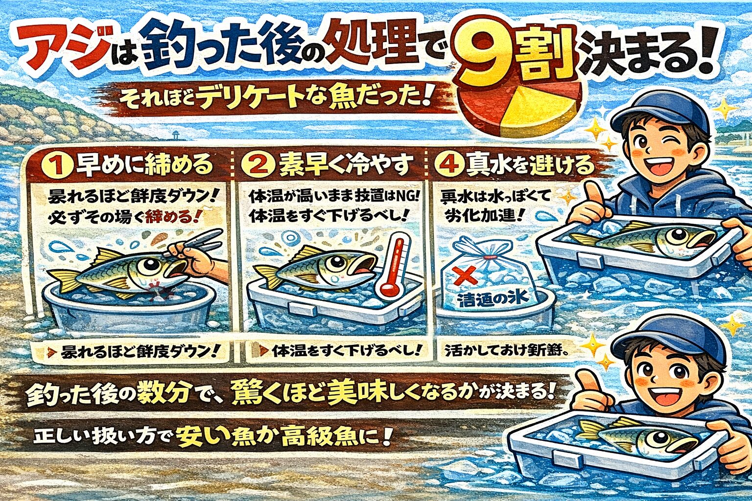 アジは「釣った後の処理」で9割決まる魚。アジは・デリケート・正直・扱い方が味に直結する。非常に繊細な魚。釣太郎