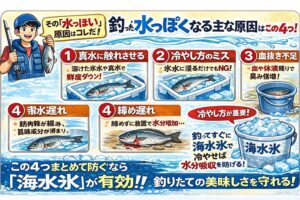 釣った魚が水っぽくなる原因は、真水に触れさせる。冷やし方のミス。血抜き不足。締め遅れ。この4点。釣太郎