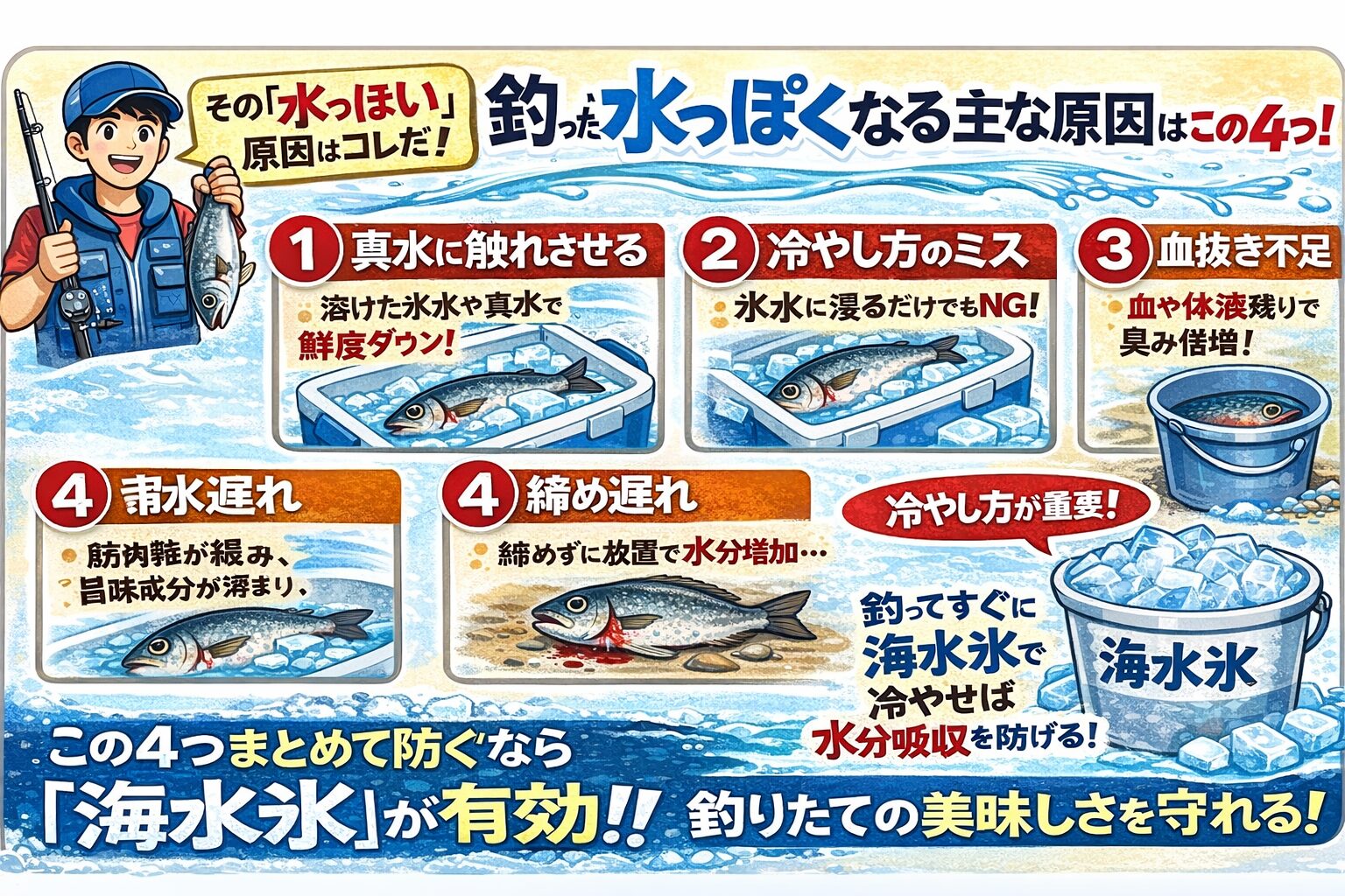 釣った魚が水っぽくなる原因は、真水に触れさせる。冷やし方のミス。血抜き不足。締め遅れ。この4点。釣太郎