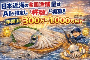 アオリイカ単体の全国漁獲量は出せない。AIが独自に分析した推定値は年間 約3,000〜8,000トン。杯数に換算すると約300万〜1,000万杯前後。釣り人の釣果は統計外。釣太郎