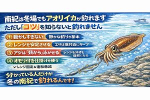 南紀は冬でもアオリイカが釣れる・ただし秋と同じ釣り方では釣れない。レンジを安定させる・頭を浮かせ泳がせとオモリ付き仕掛けが有効。釣太郎