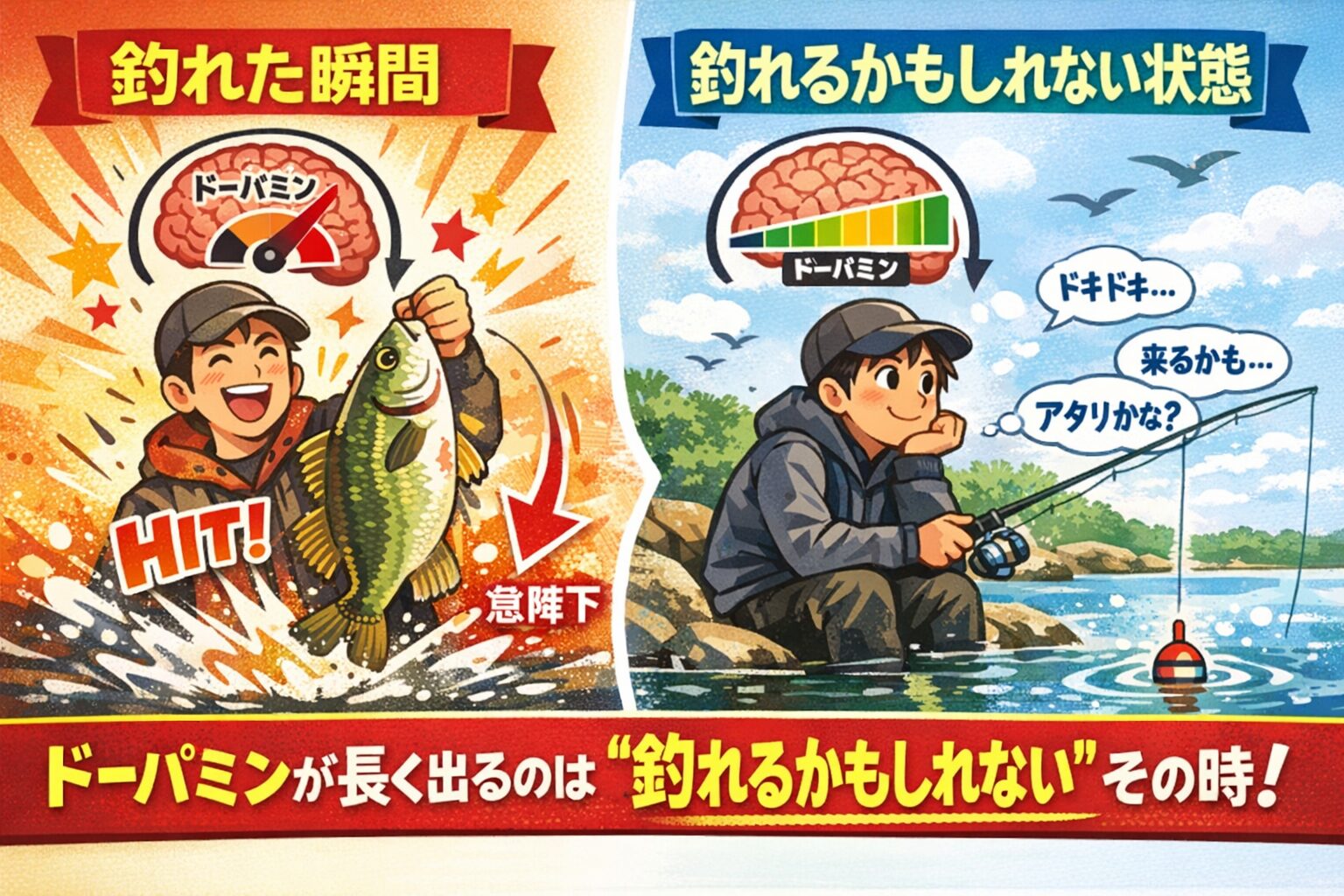 ドーパミンは「成功した瞬間」よりも「成功を予測している時間」に長く分泌されます。 釣り人は、釣果が出る前から、すでに幸せになっています。釣太郎