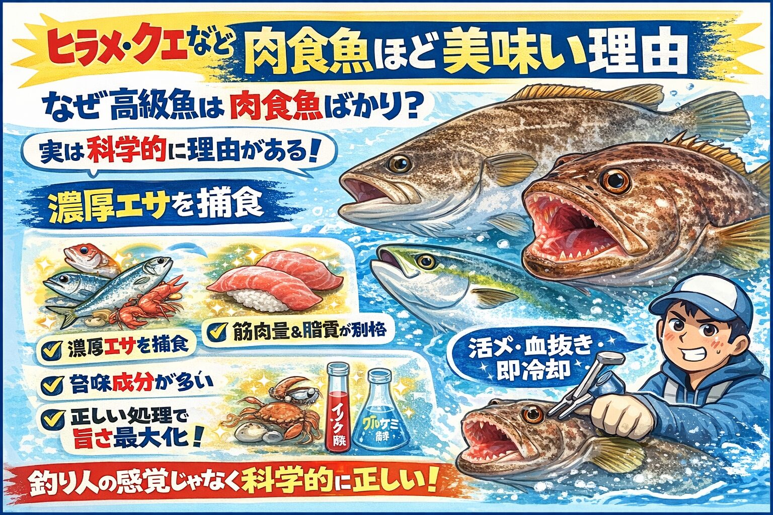 肉食魚は高栄養なエサを食べる・筋肉と脂の質が別格・ヒラメ・クエは生態が味に直結。釣太郎