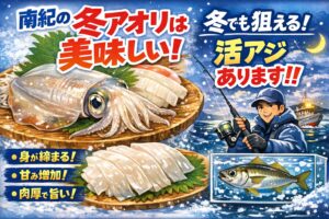 冬のアオリイカが美味しい理由。水温低下で身が締まる・余分な水分が抜け、味が濃くなる・甘み成分（アミノ酸）が増える・肉厚で食感が良い。釣太郎