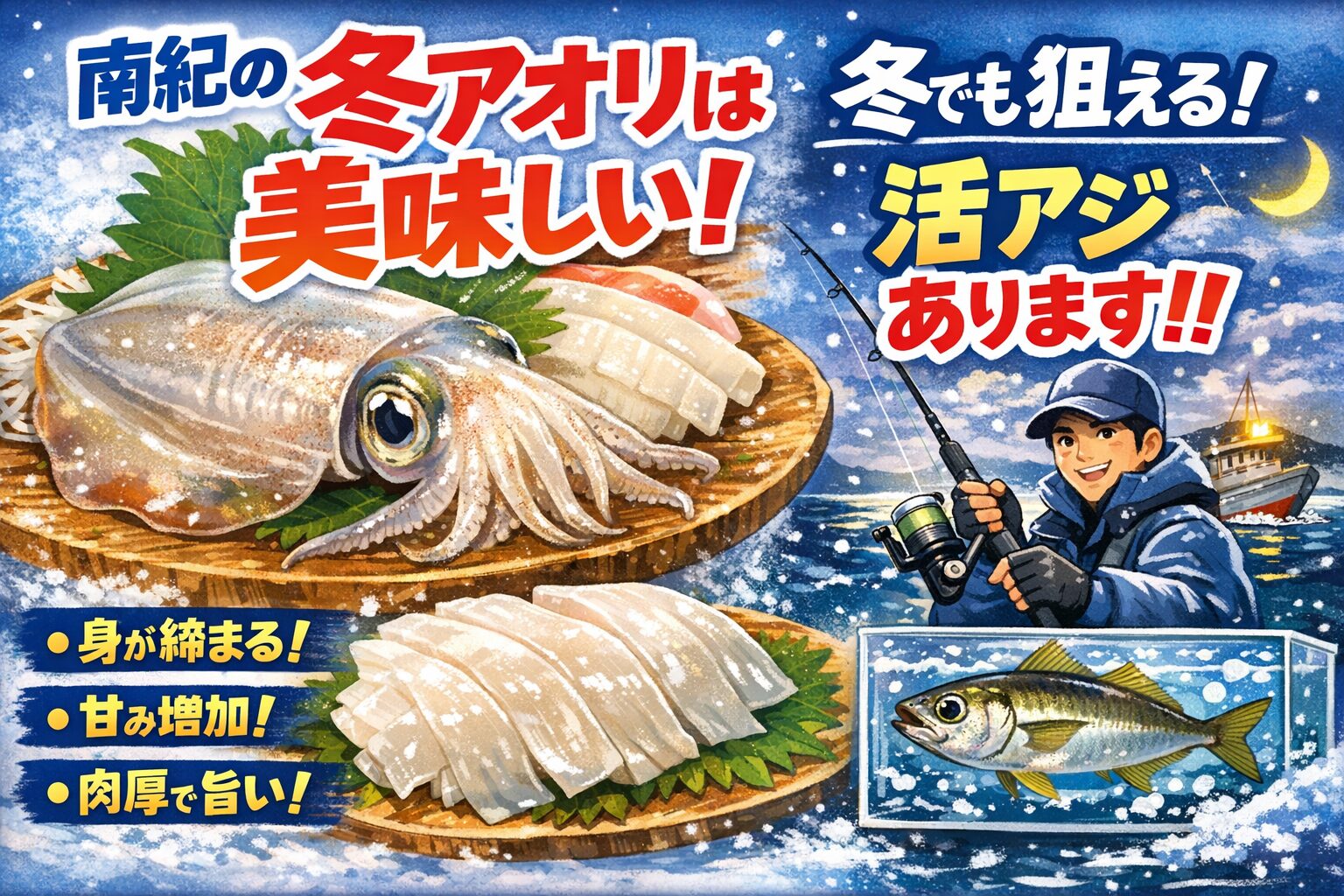 冬のアオリイカが美味しい理由。水温低下で身が締まる・余分な水分が抜け、味が濃くなる・甘み成分（アミノ酸）が増える・肉厚で食感が良い。釣太郎
