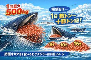１回の捕食量は最大５００キロ級。１日の捕食量は摂餌日で数トンから十数トン。 南極のクジラは数十万。釣太郎